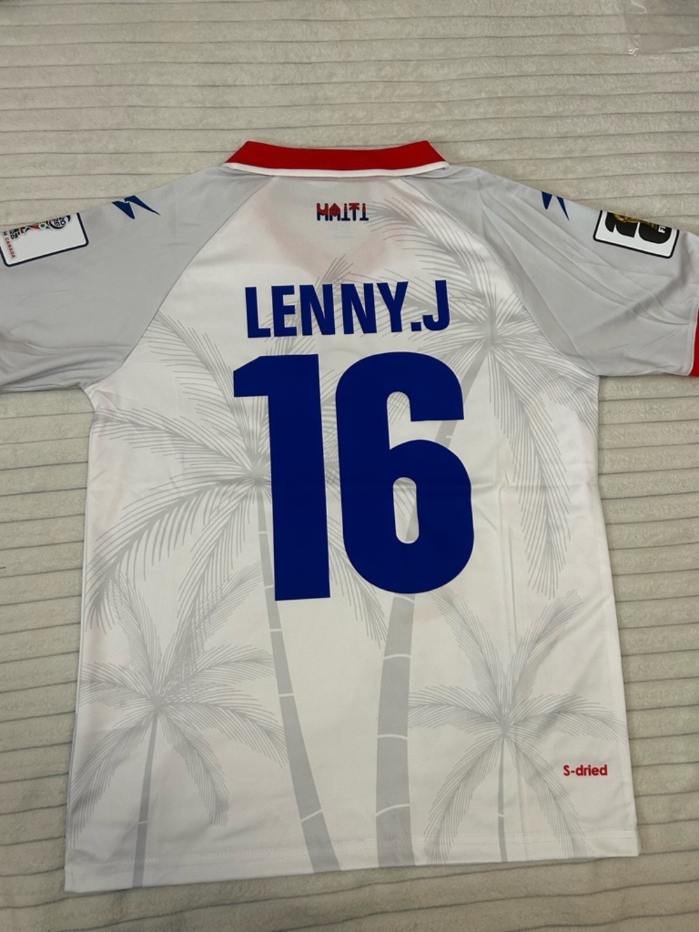 Men's Haiti #16 White Football Jersey with Red Collar